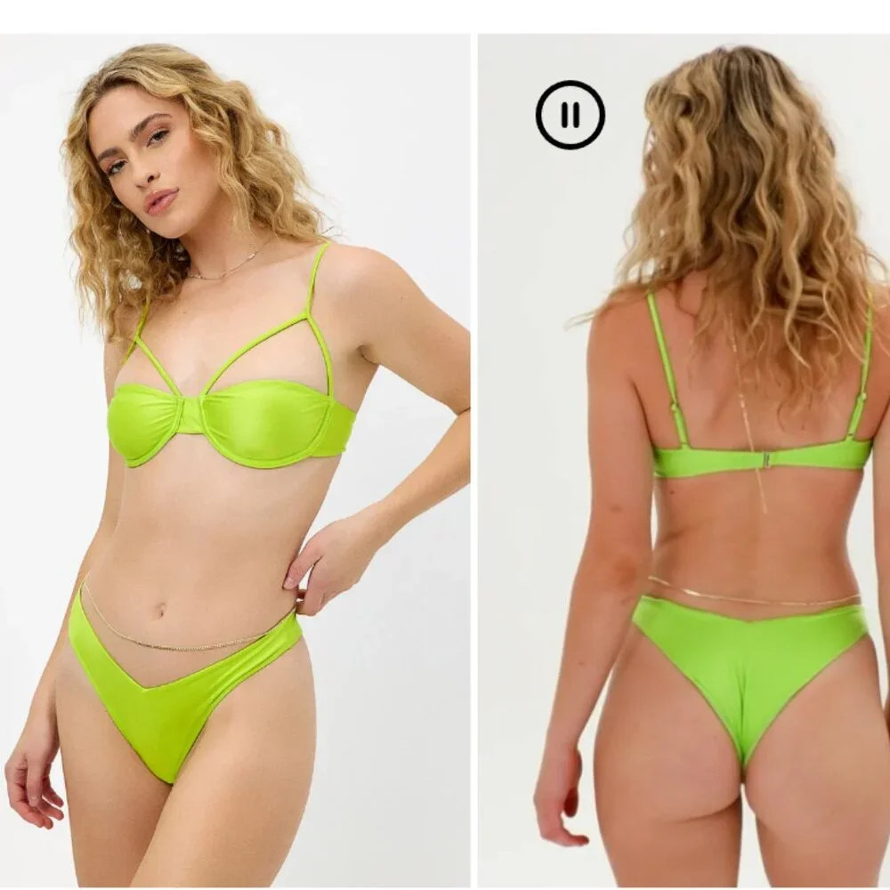 FRANKIES BIKINIS Hazel Satin Underwire Bikini Top Swimsuit S Green Slime NEW
